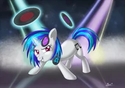 Size: 820x579 | Tagged: safe, artist:moonsango, deleted from derpibooru, derpibooru import, vinyl scratch, pony, unicorn, disc, female, magic, mare, neon, smiling, solo, telekinesis, vinyl disc