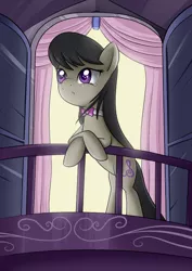 Size: 500x707 | Tagged: safe, artist:moonsango, deleted from derpibooru, derpibooru import, octavia melody, earth pony, pony, balcony, bipedal, female, mare, solo, teary eyes