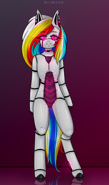 Size: 1575x2677 | Tagged: safe, artist:chrystal2288, artist:chrystal_company, artist:nightmarechrystal, derpibooru import, oc, oc:darky-bot, unofficial characters only, pegasus, pony, robot, robot pony, semi-anthro, female, full body, glowing eyes, looking at you, multicolored hair, neon, pink background, simple background