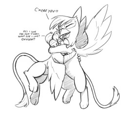 Size: 1280x1280 | Tagged: safe, artist:captainhoers, derpibooru import, gilda, oc, oc:rainbow feather, gryphon, hippogriff, female, grayscale, hug, interspecies offspring, magical lesbian spawn, monochrome, mother and child, mother and daughter, offspring, parent:gilda, parent:rainbow dash, parents:gildash, simple background, white background