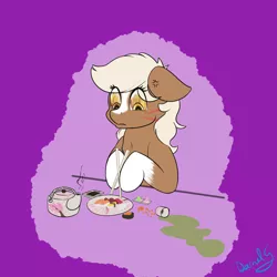 Size: 1500x1500 | Tagged: safe, artist:darnelg, derpibooru import, earth pony, pony, chopsticks, earth pony problems, epona, eye twitch, fire in her eyes, food, messy, rage, sushi, the legend of zelda