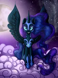 Size: 2335x3163 | Tagged: safe, artist:vird-gi, derpibooru import, edit, editor:childofthenight, nightmare moon, alicorn, pony, beautiful, cloud, female, high res, looking at you, mare, moon, night, smiling, solo, spread wings, wings