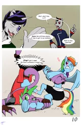 Size: 3850x5950 | Tagged: safe, artist:mlpryze, derpibooru import, rainbow dash, spike, oc, oc:arcane knight, oc:jouster knight, anthro, dragon, pegasus, unicorn, biting, comic, dialogue, fight