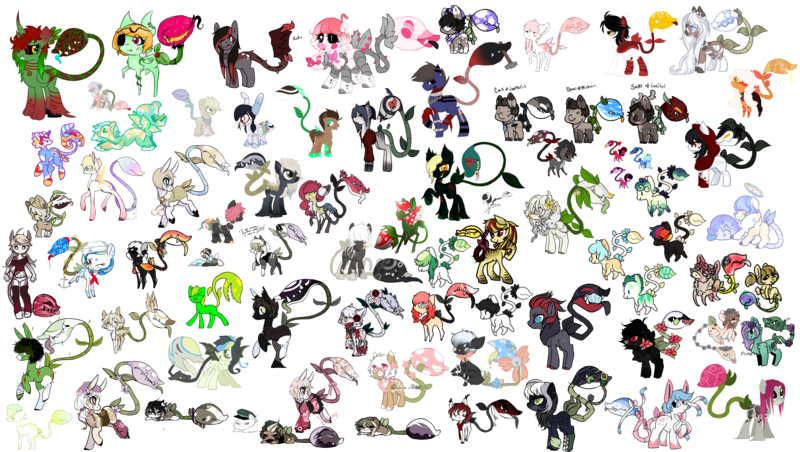 Size: 4500x2540 | Tagged: safe, artist:ad-opt, artist:php110, deleted from derpibooru, derpibooru import, oc, oc:bloom, oc:blossom, ponified, unofficial characters only, anthro, monster pony, original species, piranha plant pony, plant pony, pony, sylveon, unguligrade anthro, :p, animatronic, anthro with ponies, augmented tail, bandage, base used, black sclera, blushing, chest fluff, chibi, clothes, collaboration, colored hooves, crossover, cuffs (clothes), eyepatch, fangs, female, five nights at freddy's, floral head wreath, flower, flower in hair, grin, hair over eyes, hair over one eye, halo, hat, hoof fluff, hoof shoes, horn, injured, kimono (clothing), looking back, male, mangle, multicolored hair, neckerchief, one eye closed, plant, pokémon, prone, rainbow hair, raised hoof, sailor hat, simple background, smiling, socks (coat marking), tongue out, transparent background, unamused, unshorn fetlocks, wings, wink