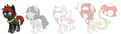 Size: 1964x553 | Tagged: safe, artist:ad-opt, artist:mousu, derpibooru import, oc, unofficial characters only, earth pony, monster pony, original species, pegasus, piranha plant pony, plant pony, pony, unicorn, augmented tail, base used, clothes, collaboration, crossover, earth pony oc, hat, horn, jewelry, necklace, pearl necklace, pegasus oc, plant, scarf, simple background, socks (coat marking), transparent background, unicorn oc, wings