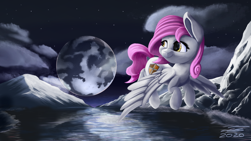 Size: 3840x2160 | Tagged: safe, artist:ilicksunshine, derpibooru import, oc, pony, cloud, cloudy, lake, moon, mountain, mountain range, night, solo, stars, water