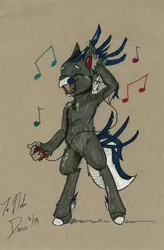 Size: 1668x2535 | Tagged: armpits, artist:dogg, bronycon, bronycon 2019, classical hippogriff, colored, commission, dancing, derpibooru import, headphones, hippogriff, hippogriff oc, ipod, male, music notes, oc, oc:turntable, safe, scan, signature, traditional art, unofficial characters only