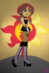 Size: 800x1200 | Tagged: safe, artist:8l4ck0u7, derpibooru import, sunset shimmer, equestria girls, bare shoulders, boots, choker, clothes, crossed arms, dress, ear piercing, earring, eyeshadow, female, fishnet clothing, goth, high heel boots, jewelry, lipstick, makeup, piercing, ring, shoes, skirt, sleeveless, socks, solo, spiked choker, stockings, strapless, sunset shimmer is not amused, thigh highs, unamused