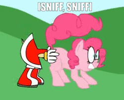 Size: 374x300 | Tagged: suggestive, artist:animatedjames, derpibooru import, edit, pinkie pie, earth pony, pony, amy rose, balloonbutt, butt, butt touch, caption, female, hand on butt, mare, plot, sniffing, sonic the hedgehog (series), wide eyes