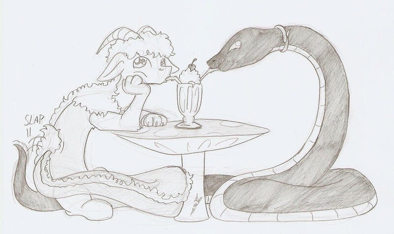 Size: 1568x932 | Tagged: artist:ravenpuff, cherry, derpibooru import, draconequus, draconequus oc, female, food, grayscale, milkshake, monochrome, oc, oc:floofy (ravenpuff), oc x oc, safe, sharing a drink, shipping, sitting, snake, table, traditional art, unofficial characters only