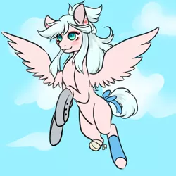 Size: 800x800 | Tagged: safe, artist:lavvythejackalope, derpibooru import, oc, oc:little bit, unofficial characters only, pegasus, pony, amputee, bandage, bow, cloud, female, flying, mare, prosthetic limb, prosthetics, solo, tail bow