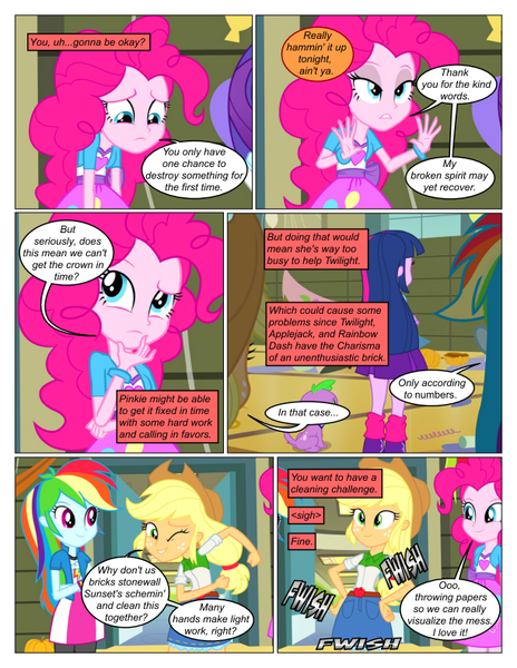 Size: 612x792 | Tagged: safe, artist:greatdinn, artist:newbiespud, derpibooru import, edit, edited screencap, screencap, applejack, pinkie pie, rainbow dash, spike, twilight sparkle, dog, comic:friendship is dragons, equestria girls, equestria girls (movie), clothes, collaboration, comic, cutie mark, cutie mark on clothes, dialogue, female, freckles, gym, hand on hip, hat, male, one eye closed, onomatopoeia, screencap comic, smiling, spike the dog, thinking, wink