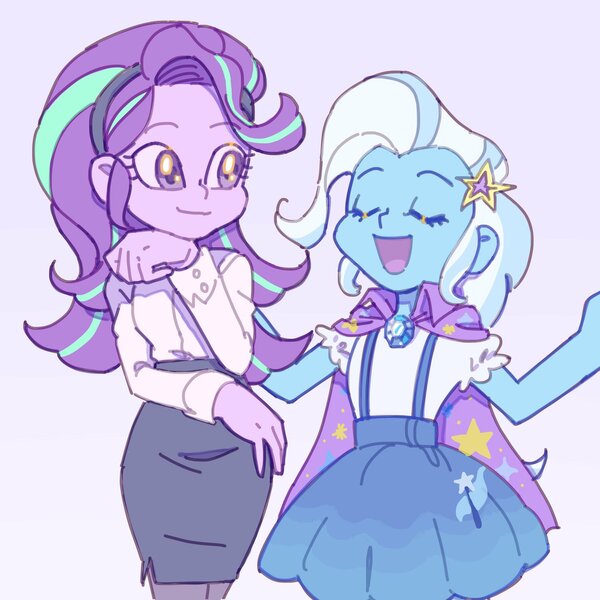Size: 2048x2048 | Tagged: safe, artist:chapaghettii, derpibooru import, starlight glimmer, trixie, equestria girls, cape, clothes, cute, diatrixes, duo, female, glimmerbetes, gradient background, skirt, skirt suit, smiling, suit