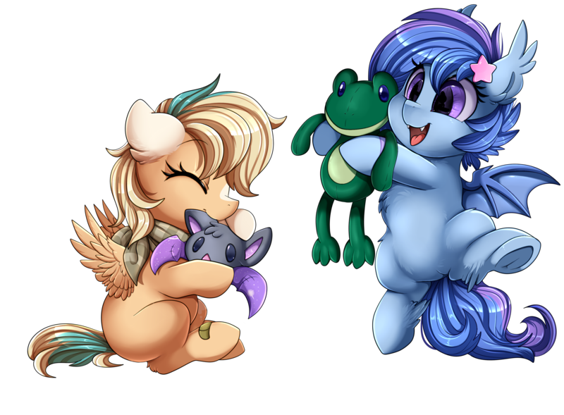 Size: 3430x2524 | Tagged: safe, artist:pridark, derpibooru import, oc, oc:astral flare, oc:sun light, unofficial characters only, bat pony, pegasus, bat pony oc, bat wings, cute, female, filly, foal, laughing, ocbetes, pegasus oc, playing, simple background, tongue out, toy, transparent background, wings