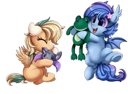 Size: 3430x2524 | Tagged: safe, artist:pridark, derpibooru import, oc, oc:astral flare, oc:sun light, unofficial characters only, bat pony, pegasus, bat pony oc, bat wings, cute, female, filly, foal, laughing, ocbetes, pegasus oc, playing, simple background, tongue out, toy, transparent background, wings