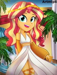 Size: 1536x2048 | Tagged: safe, artist:artmlpk, derpibooru import, sunset shimmer, equestria girls, adorable face, alternate hairstyle, beautiful, clothes, costume, crown, cute, digital art, dress, egypt, egyptian, female, goddess, greek, greek mythology, jewelry, looking at you, outfit, palm tree, redraw, regalia, shimmerbetes, smiling, smiling at you, socks, solo, thigh highs, tree, waterfall