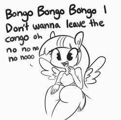 Size: 545x540 | Tagged: suggestive, artist:n0nnny, artist:tjpones, derpibooru import, fifteen.ai, sunset shimmer, twilight sparkle, equestria girls, aivo, animated, avo, black and white, bongos, butt bongo fiesta, fallout, grayscale, melodyne, monochrome, open mouth, ponied up, simple background, smiling, solo focus, sound, spanking, spread wings, text, webm, white background, wings