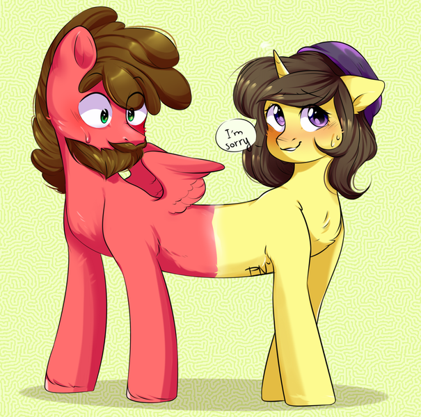 Size: 1972x1957 | Tagged: safe, artist:pledus, derpibooru import, oc, oc:astral flare, oc:sketchbook, pegasus, pony, unicorn, beard, blushing, cute, facial hair, magic, oops, pushmi-pullyu, stuck together