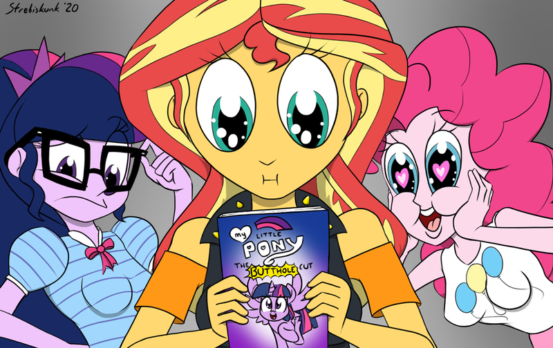 Size: 1275x804 | Tagged: safe, artist:strebiskunk, derpibooru import, pinkie pie, sci-twi, sunset shimmer, twilight sparkle, twilight sparkle (alicorn), alicorn, pony, equestria girls, :i, breasts, heart eyes, vulgar, wingding eyes