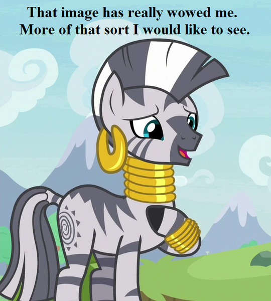 Size: 648x720 | Tagged: caption, cropped, cute, derpibooru import, ear piercing, earring, edit, edited screencap, image macro, jewelry, mountain, piercing, reaction image, safe, screencap, she talks to angel, talking, text, zecora, zecorable