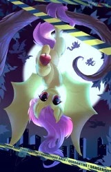 Size: 2066x3200 | Tagged: safe, artist:nymphelie, banned from derpibooru, deleted from derpibooru, derpibooru import, fluttershy, bat pony, apple, bat ponified, cute, cute little fangs, fangs, female, flutterbat, food, image, looking at you, moon, night, png, race swap, smiling, solo, upside down