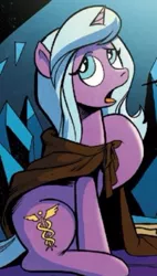 Size: 257x451 | Tagged: safe, artist:andypriceart, derpibooru import, idw, radiant hope, pony, unicorn, spoiler:comic35, cloak, clothes, cropped, female, mare, official comic, solo