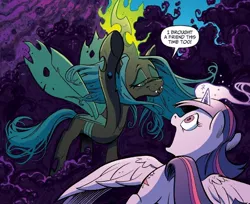 Size: 848x692 | Tagged: safe, artist:andypriceart, derpibooru import, idw, queen chrysalis, twilight sparkle, twilight sparkle (alicorn), alicorn, changeling, changeling queen, pony, siege of the crystal empire, spoiler:comic35, comic panel, cropped, duo, female, implied king sombra, magic, magic aura, mare, official comic, raised hoof, smug, spread wings, wings