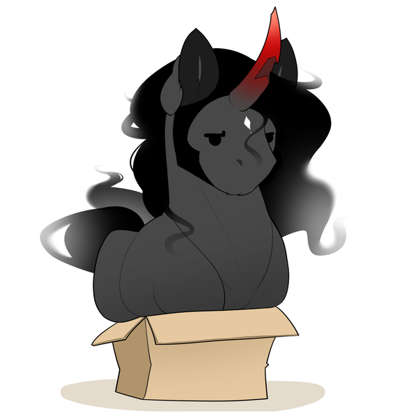 Size: 1000x1000 | Tagged: safe, artist:evehly, derpibooru import, king sombra, pony, unicorn, behaving like a cat, box, cardboard box, chipped horn, cute, ear fluff, if i fits i sits, male, pony in a box, simple background, solo, sombradorable, stallion, white background