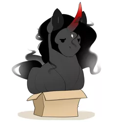 Size: 1000x1000 | Tagged: safe, artist:evehly, derpibooru import, king sombra, pony, unicorn, behaving like a cat, box, cardboard box, chipped horn, cute, ear fluff, if i fits i sits, male, pony in a box, simple background, solo, sombradorable, stallion, white background