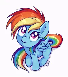 Size: 712x809 | Tagged: safe, artist:sorcerushorserus, derpibooru import, rainbow dash, pegasus, pony, blank flank, blushing, cute, dashabetes, female, filly, filly rainbow dash, looking up, simple background, sitting, smiling, solo, white background, younger