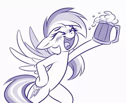 Size: 803x658 | Tagged: safe, artist:sorcerushorserus, derpibooru import, rainbow dash, pegasus, pony, bipedal, cider, cider dash, cute, dashabetes, drunk, drunker dash, eyes closed, female, grayscale, happy, hoof hold, mare, monochrome, mug, open mouth, simple background, solo, white background