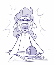 Size: 603x722 | Tagged: safe, artist:sorcerushorserus, derpibooru import, pinkie pie, earth pony, pony, crying, cutting onions, female, floppy ears, food, grayscale, hoof hold, kitchen knife, knife, mare, monochrome, onion, open mouth, simple background, solo, uvula, white background
