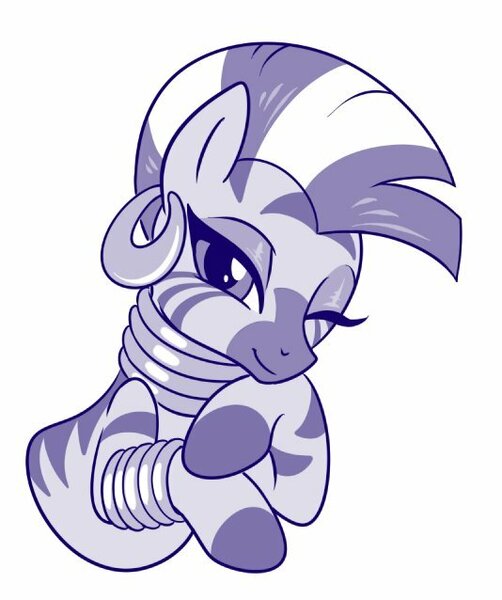 Size: 534x638 | Tagged: artist:sorcerushorserus, cute, derpibooru import, female, hoof on chin, looking at you, mare, monochrome, one eye closed, safe, simple background, solo, white background, wink, zebra, zecora, zecorable