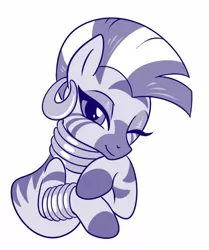 Size: 534x638 | Tagged: artist:sorcerushorserus, cute, derpibooru import, female, hoof on chin, looking at you, mare, monochrome, one eye closed, safe, simple background, solo, white background, wink, zebra, zecora, zecorable