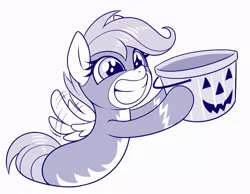 Size: 809x628 | Tagged: safe, artist:sorcerushorserus, derpibooru import, scootaloo, pegasus, pony, art, clothes, cute, cutealoo, female, filly, flapping wings, grin, halloween, holiday, hoof hold, monochrome, pumpkin bucket, simple background, smiling, solo, uniform, white background, wings, wonderbolts uniform