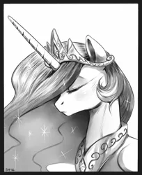 Size: 608x745 | Tagged: safe, artist:sorcerushorserus, derpibooru import, princess celestia, alicorn, pony, black and white, bust, eyes closed, female, grayscale, mare, monochrome, simple background, solo, white background