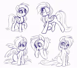 Size: 943x833 | Tagged: safe, artist:sorcerushorserus, derpibooru import, rainbow dash, pegasus, pony, cute, dashabetes, female, floating heart, grayscale, heart, looking at you, mare, monochrome, raised hoof, simple background, sitting, sketch, sketch dump, solo, walking, white background