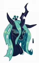 Size: 627x1006 | Tagged: artist:sorcerushorserus, bust, changeling, changeling queen, color palette, derpibooru import, female, glare, limited palette, queen chrysalis, safe, simple background, solo, white background