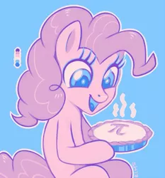 Size: 769x824 | Tagged: safe, artist:sorcerushorserus, derpibooru import, pinkie pie, earth pony, pony, blue background, color palette, female, food, happy, hoof hold, limited palette, mare, outline, pi day, pie, pun, simple background, solo