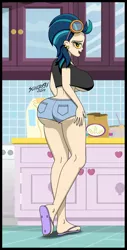 Size: 619x1216 | Tagged: suggestive, artist:sonork91, derpibooru import, indigo zap, equestria girls, ass, beautiful, bedroom eyes, big breasts, breasts, busty indigo zap, butt, clothes, denim shorts, ear piercing, feet, female, flip-flops, goggles, goggles on head, huge breasts, indiglute zap, kitchen, legs, lidded eyes, looking at you, looking back, looking back at you, looking over shoulder, open mouth, piercing, sandals, sexy, shorts, smiling, solo, solo female, sultry pose, tomboy, underboob