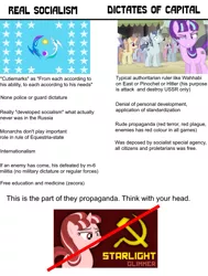 Size: 1000x1325 | Tagged: safe, derpibooru import, edit, edited screencap, screencap, starlight glimmer, unicorn, the cutie map, blatant lies, comparison, engrish, meme, op is wrong, politics, soviet, soviet russia, soviet union