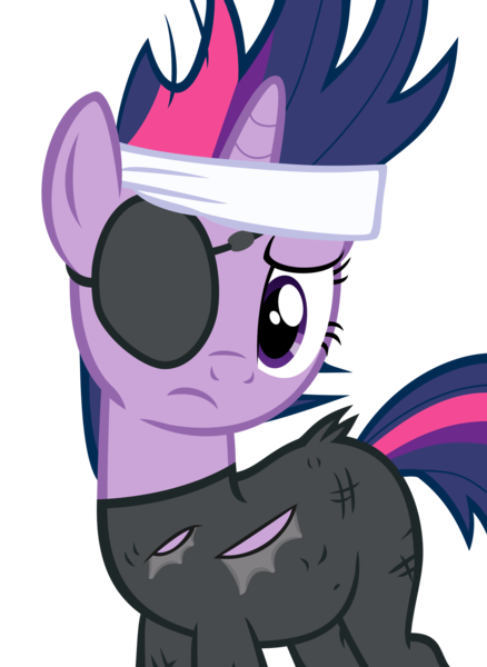 Size: 2093x2865 | Tagged: safe, artist:decompressor, derpibooru import, twilight sparkle, pony, unicorn, it's about time, bandana, clothes, eyepatch, female, frown, future twilight, mare, messy mane, simple background, solo, torn clothes, transparent background, unicorn twilight, vector