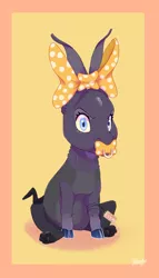 Size: 794x1385 | Tagged: artist:qatsby, baby, bow, cloven hooves, derpibooru import, draconequus, hybrid, interspecies offspring, looking at you, oc, oc:persephone, offspring, pacifier, parent:discord, parents:discolight, parent:twilight sparkle, safe, simple background, sitting, solo, unofficial characters only, yellow background