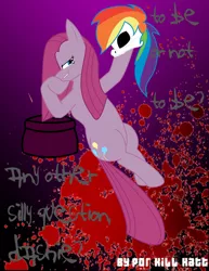 Size: 975x1261 | Tagged: semi-grimdark, artist:killkatt, derpibooru import, pinkie pie, earth pony, pony, fanfic:cupcakes, blood, creepy, cutie mark, dead, digital art, female, implied rainbow dash, mane, mare, pinkamena diane pie, skull, tail, text