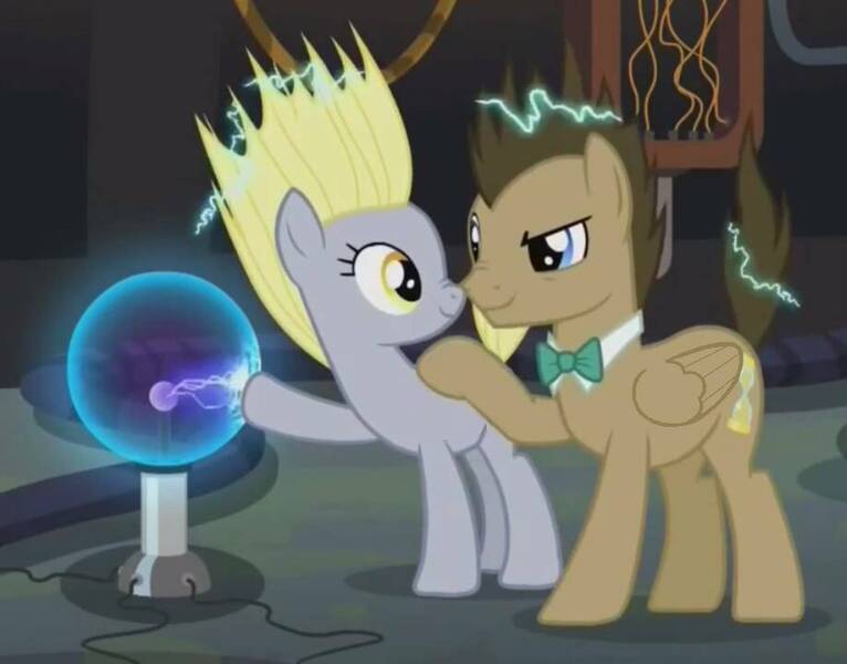 Size: 919x720 | Tagged: safe, derpibooru import, edit, edited screencap, screencap, derpy hooves, doctor whooves, time turner, earth pony, pegasus, pony, slice of life (episode), cropped, female, has science gone too far?, male, plasma ball, race swap, shipping fuel