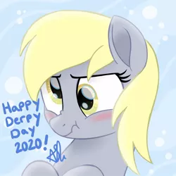 Size: 1000x1000 | Tagged: safe, artist:prince-lionel, deleted from derpibooru, derpibooru import, derpy hooves, pony, blushing, bust, cute, derpabetes, derpy day, derpy day 2020, portrait, scrunchy face, solo