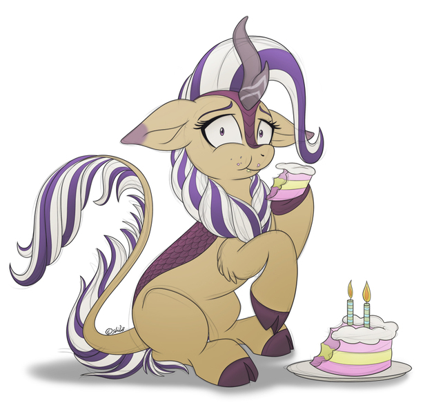 Size: 1026x1000 | Tagged: artist:littlehybridshila, birthday, birthday cake, birthday gift, cake, candle, derpibooru import, eating, female, food, kirin, kirin oc, mare, oc, oc:winter petals, safe, simple background, sitting, solo, unofficial characters only, white background