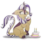 Size: 1026x1000 | Tagged: artist:littlehybridshila, birthday, birthday cake, birthday gift, cake, candle, derpibooru import, eating, female, food, kirin, kirin oc, mare, oc, oc:winter petals, safe, simple background, sitting, solo, unofficial characters only, white background