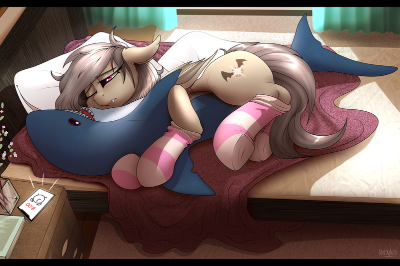 Size: 4500x3000 | Tagged: safe, artist:redvais, derpibooru import, oc, unofficial characters only, bat pony, pony, shark, alarm, bat pony oc, bat wings, bed, bedroom, clothes, female, hug, image, morning, morning ponies, phone, plushie, png, shark plushie, sleepy, socks, solo, striped socks, wings