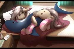 Size: 4500x3000 | Tagged: safe, artist:redvais, derpibooru import, oc, unofficial characters only, bat pony, pony, shark, alarm, bat pony oc, bat wings, bed, bedroom, clothes, female, hug, image, morning, morning ponies, phone, plushie, png, shark plushie, sleepy, socks, solo, striped socks, wings